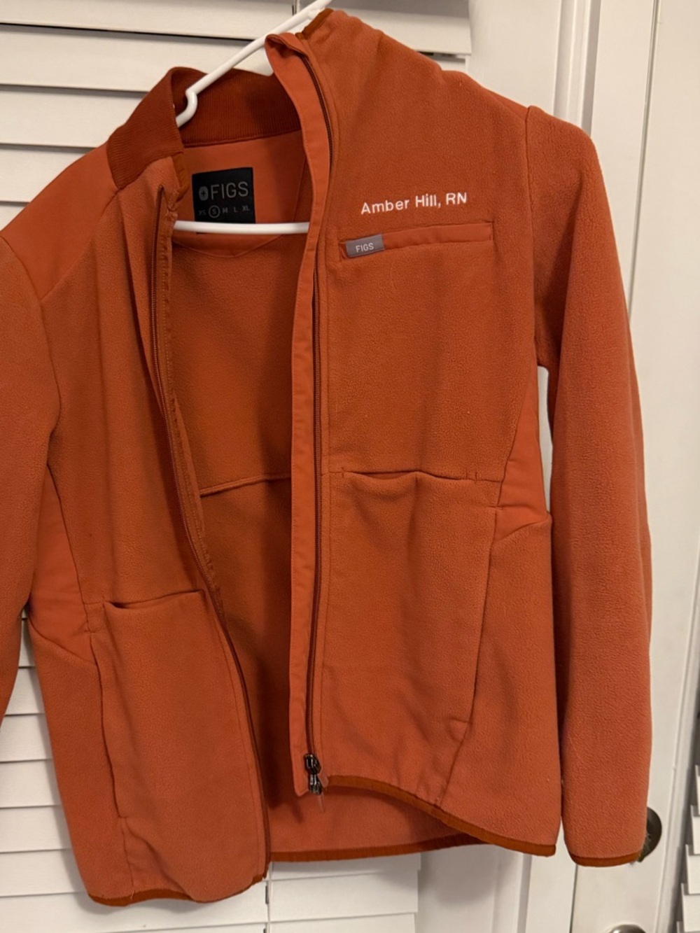 FIGS fleece scrub jacket in color terracotta, size Small